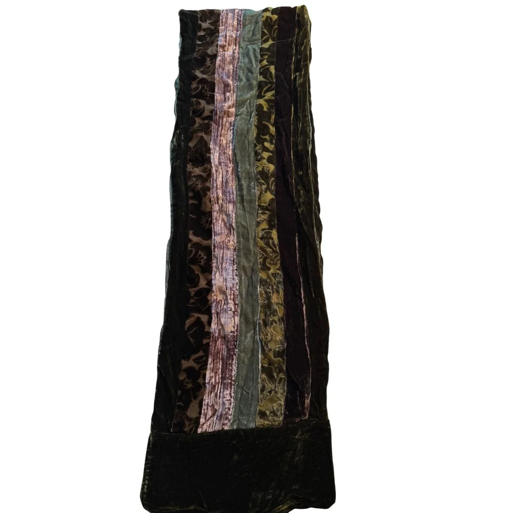 Patchwork Burnout Velvet Scarf Green Brown Floral Whimsigoth Boho Wrap 10 x 70